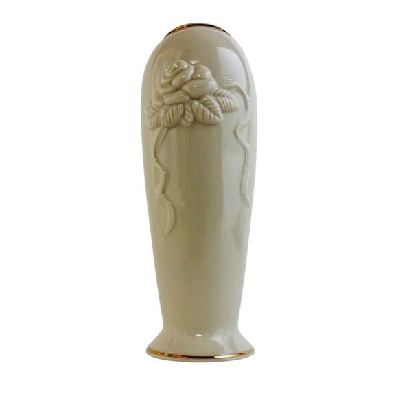 Lenox Rose Blossom Bud Vase Cream China 24kt Gold Trimmed Embossed Floral 8 in - Picture 4 of 10